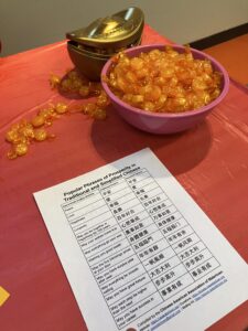Prosperity phrases in Traditional and Simplified Chinese in front of a bowl of candy that resembles gold ingots, which were the money of old dynasty times